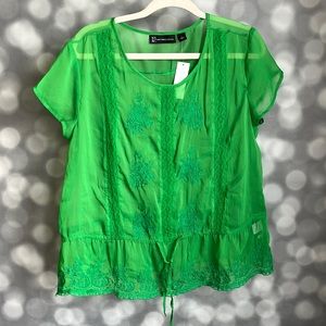 NWT New York & Company womens green sheer embroidered blouse. Size Large.